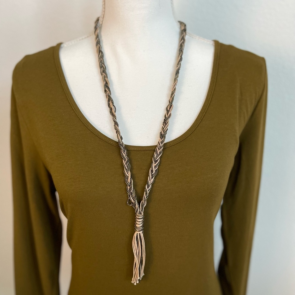 LOFT Long Braided Chain Necklace | Twine Detail Boho Statement Jewelry